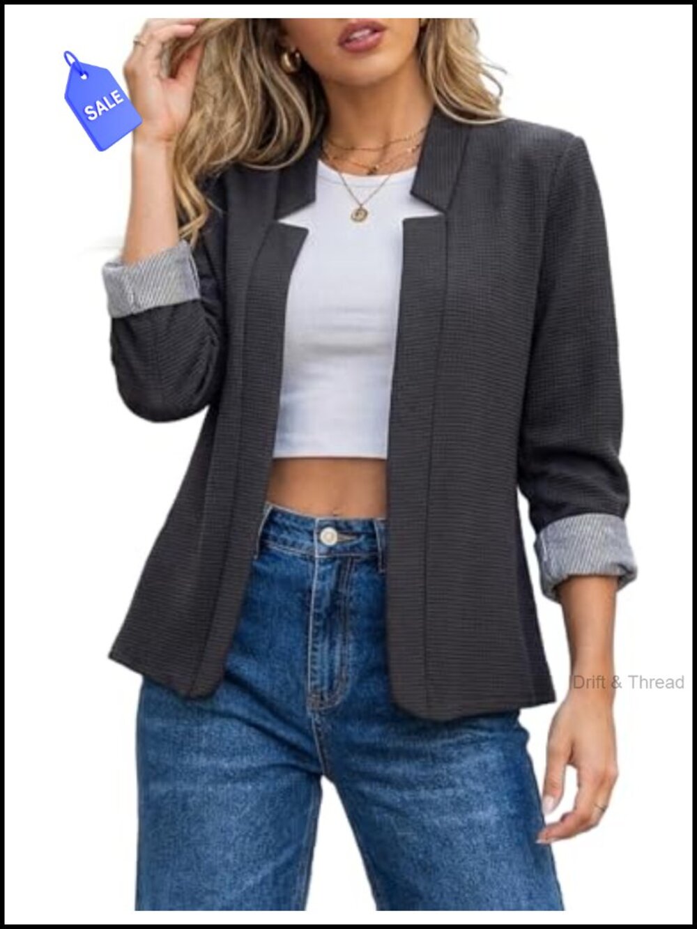 Women's Lightweight Blazer Office Work Jacket 3/4 Sleeve Open Front